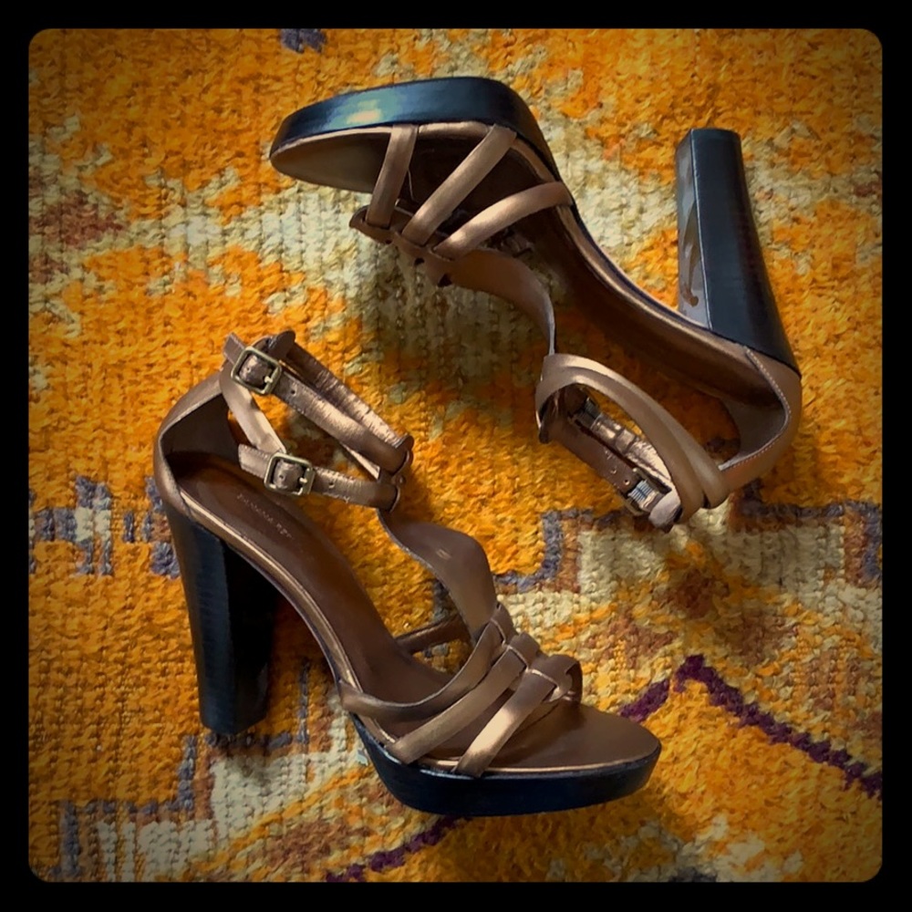 Bronze leather platform sandals w/ dbl ankle strap